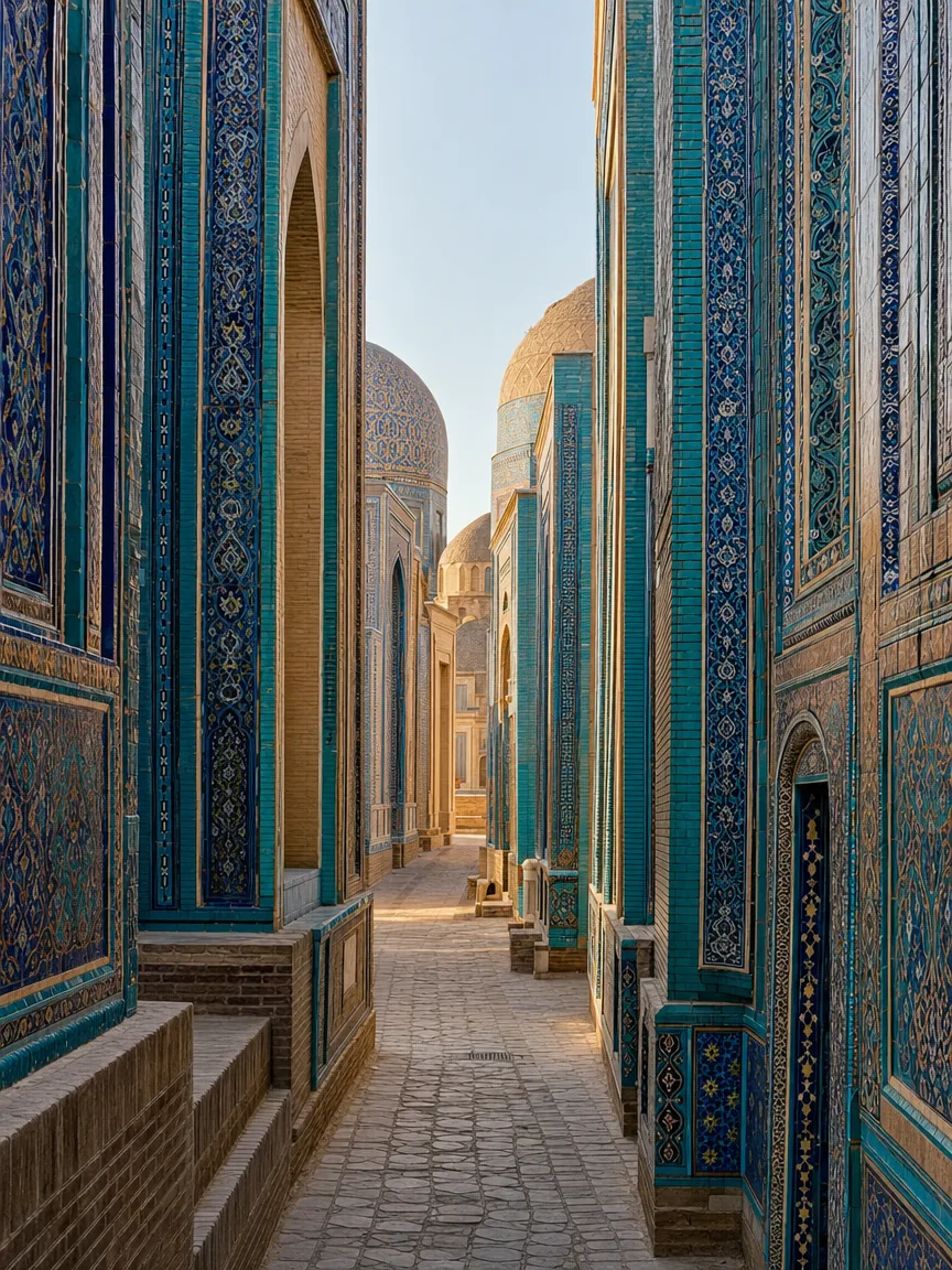 Shah-i-Zinda: tiled passage, ceramics and ornament by hand