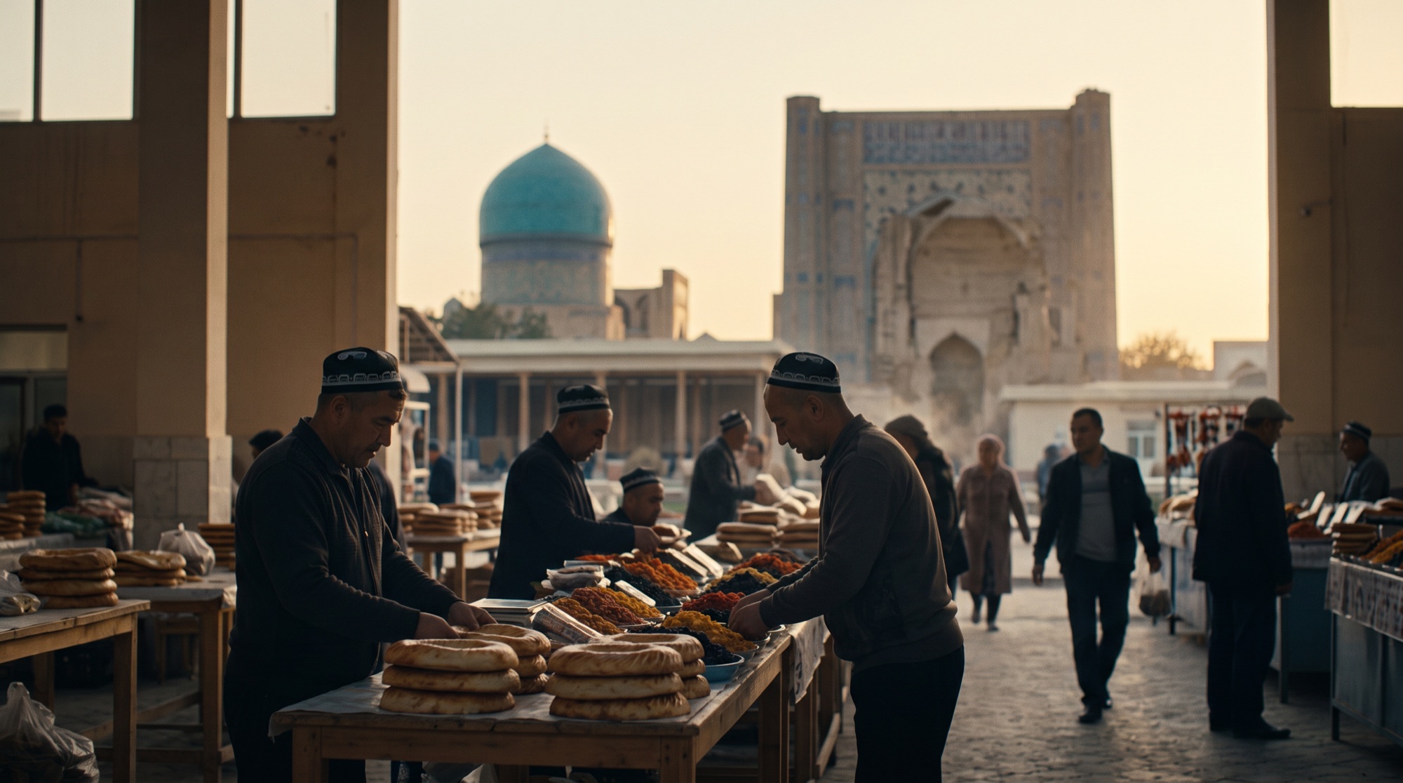 Traders laying out stacks of round bread and trays of dried fruit at a morning bazaar, a blue dome behind them