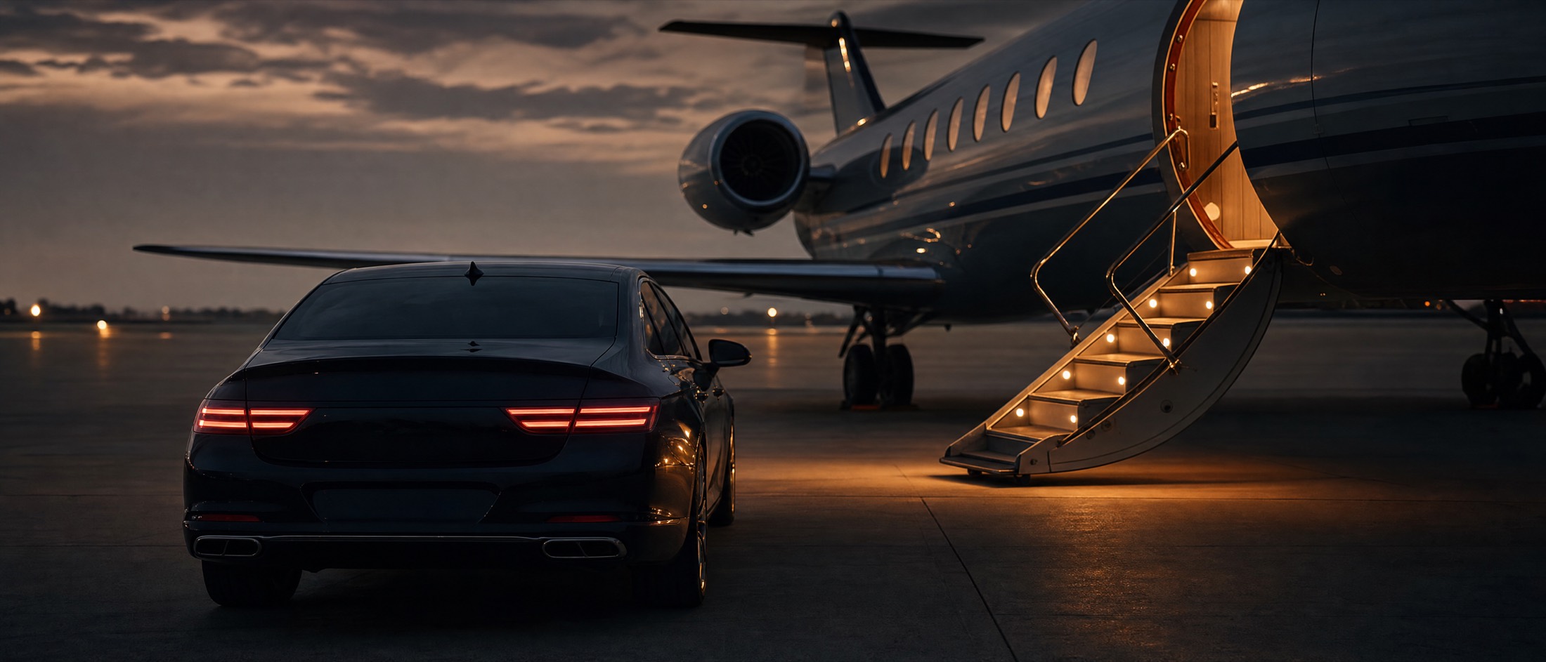 Car waiting beside the airstair of a private jet at dusk