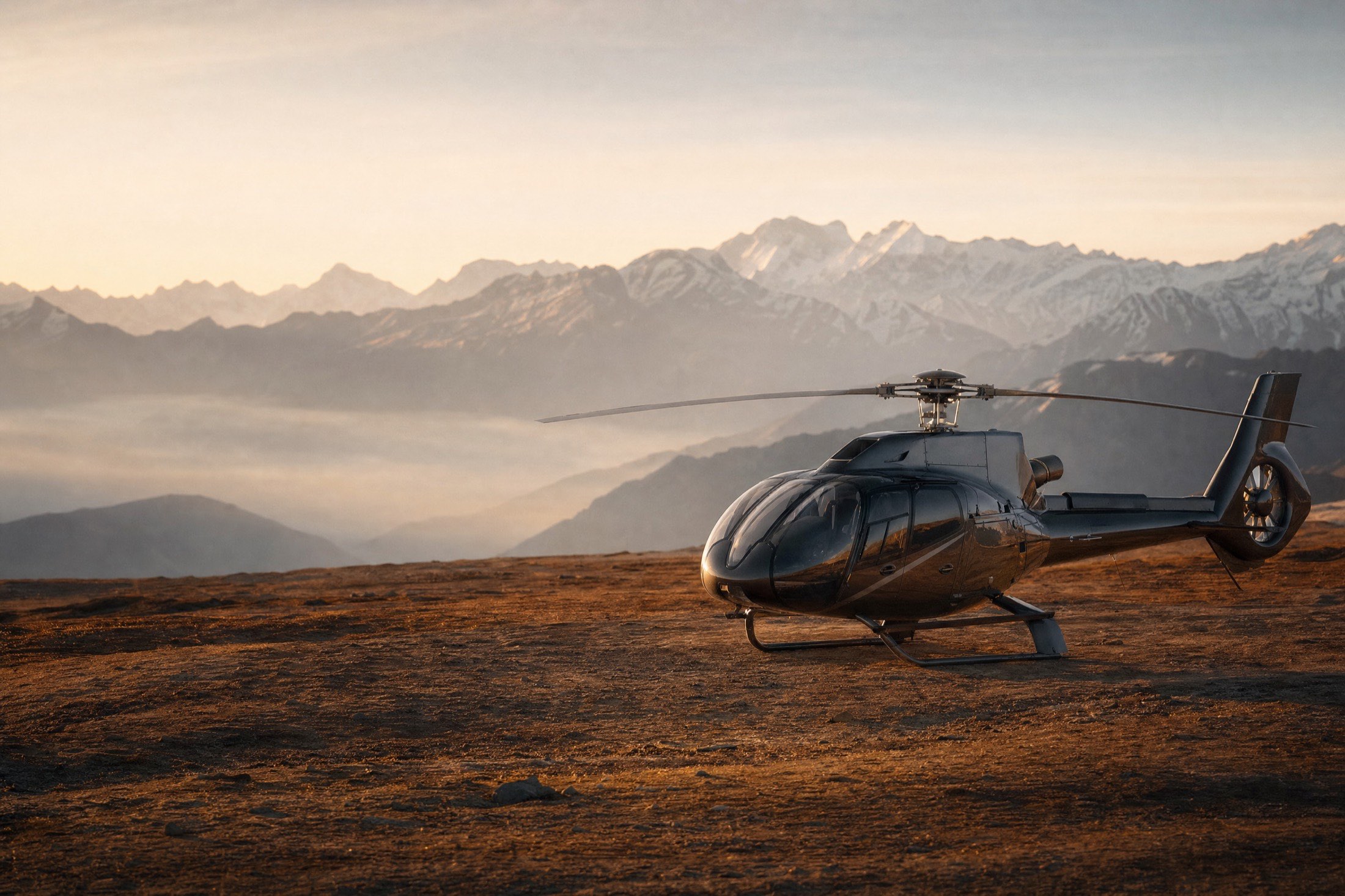 Helicopter resting on a mountain plateau at dawn