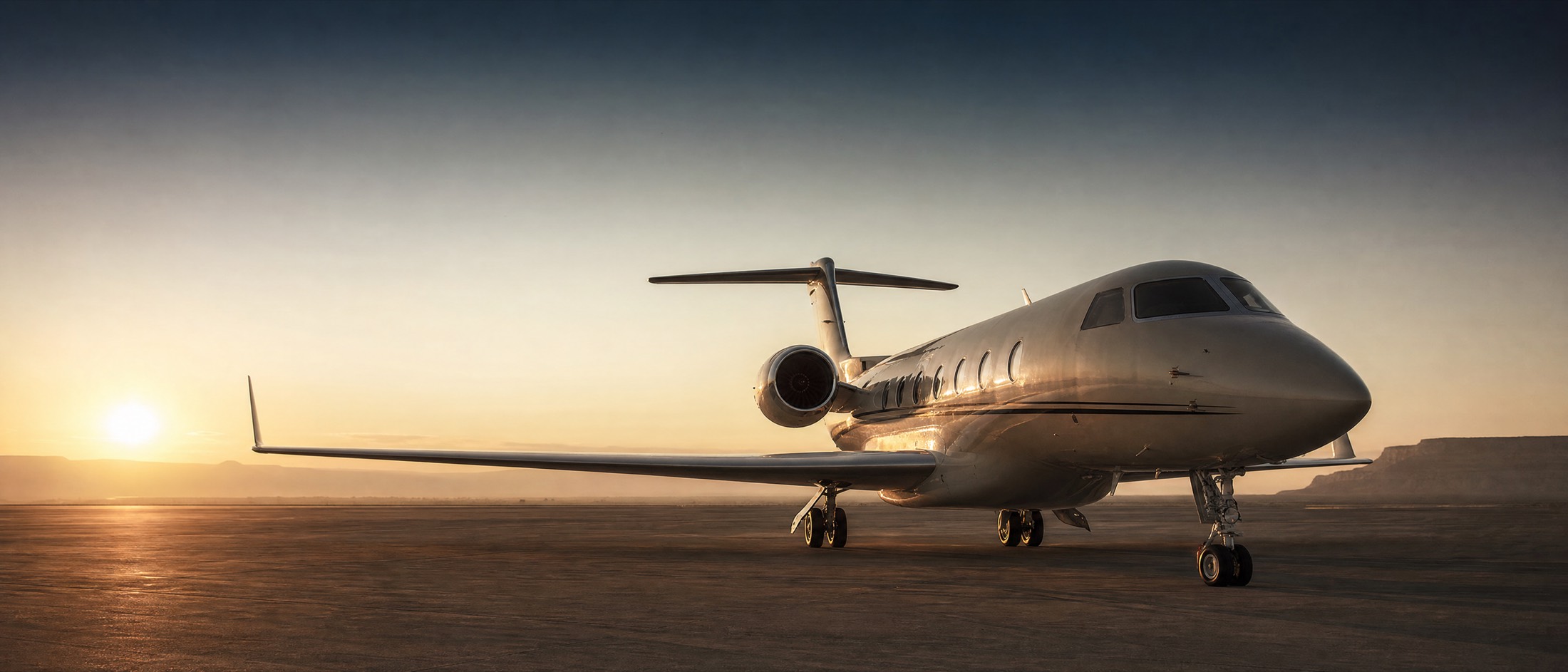 Private jet standing alone on an empty apron at sunrise