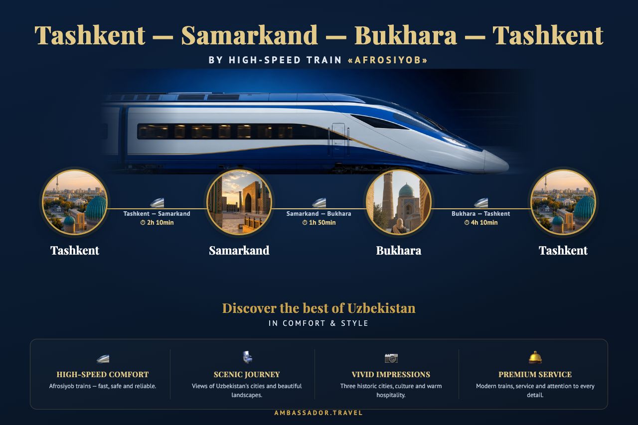 Tashkent — Samarkand — Bukhara route by high-speed Afrosiyob train