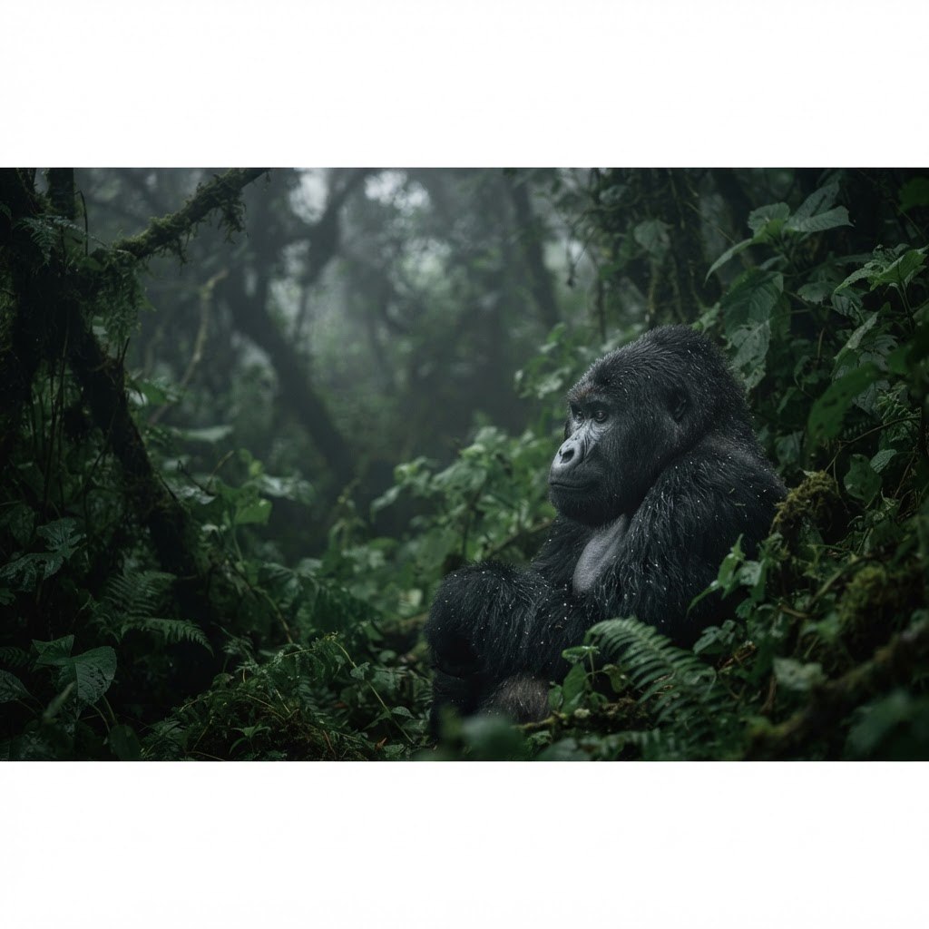 Mountain gorilla in the mist, Bwindi