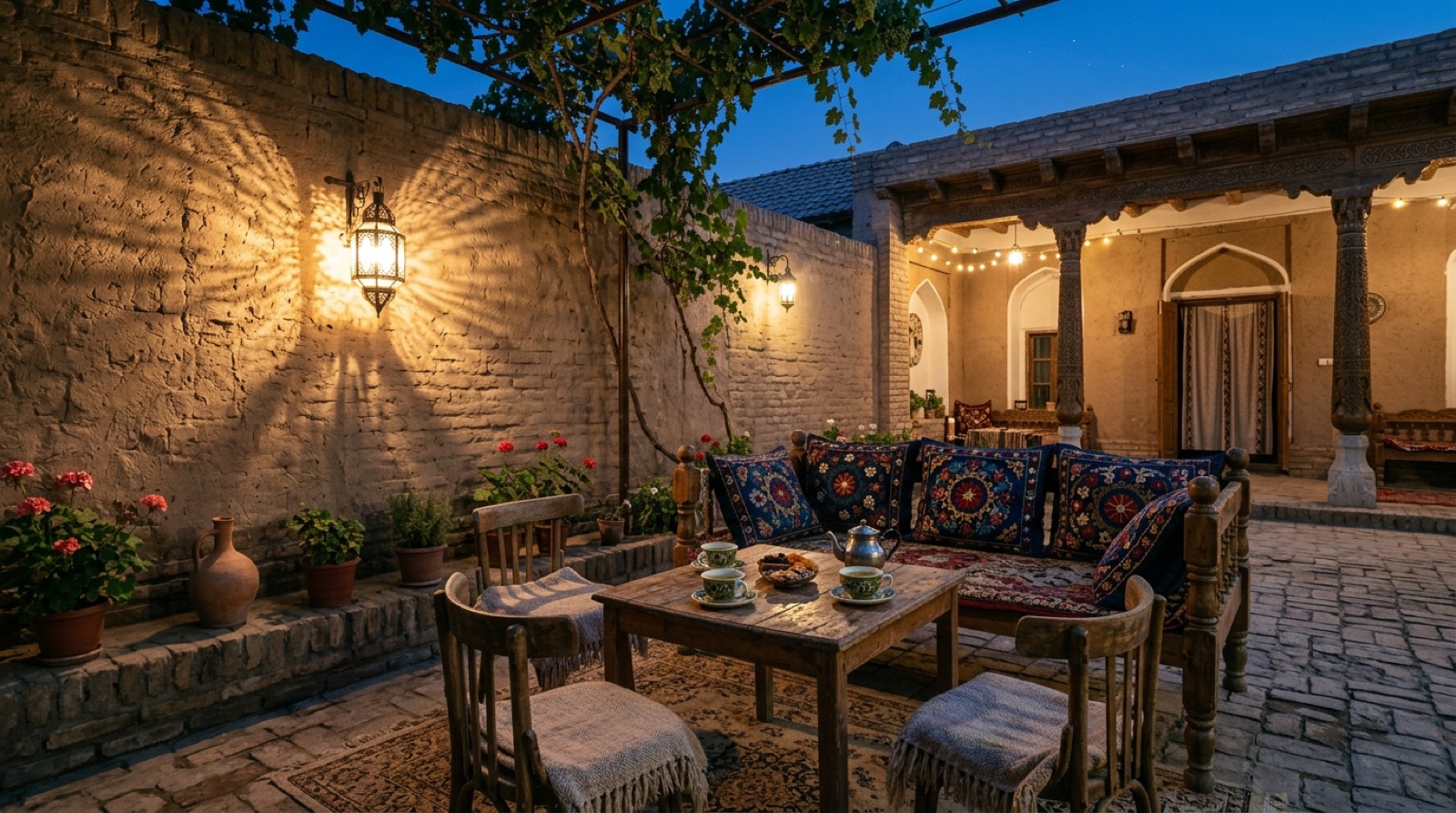 Evening courtyard of a private house — the table is set